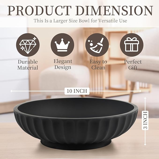 Large Decorative Bowl - Fruit Bowl for Kitchen Counter - Modern Decorative Bowl for Home Decor,Key Bowl for Entryway Table - Matte Black
