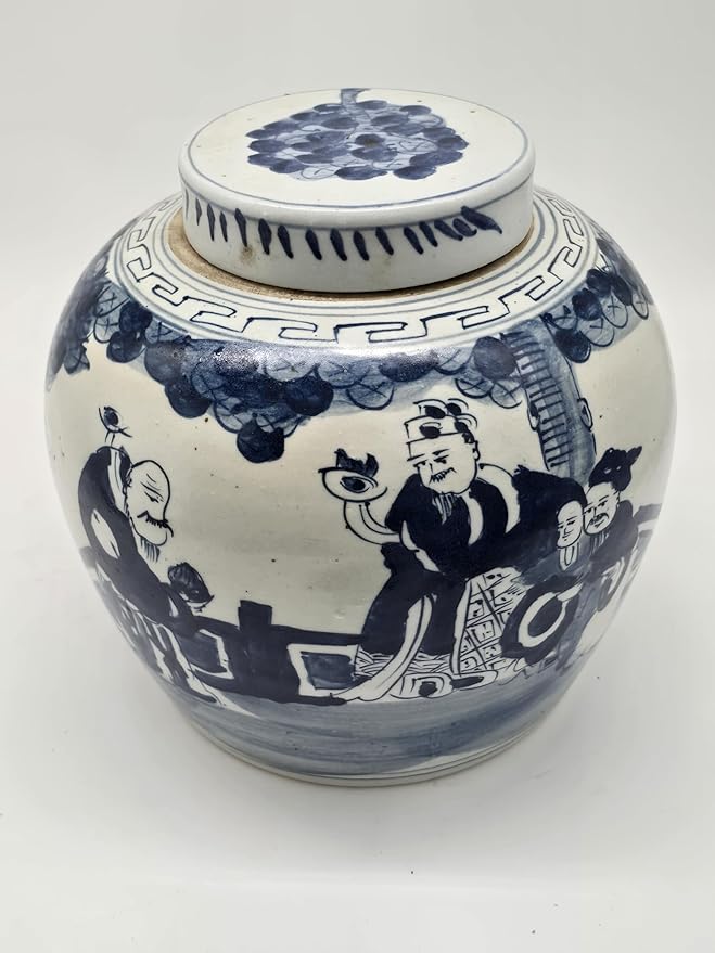 Festcool Antique Style Blue and White Porcelain Scholars Figure Ceramic Covered Jar Vase, China Ming Style, Jingdezhen (J1)
