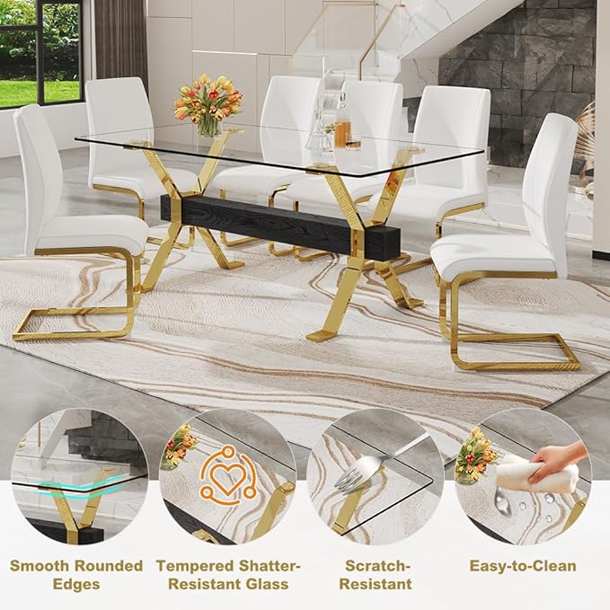 71'' Modern Dining Table Set for 6,7 Piece Glass Dining Table Set with Open‑Frame X‑Shaped Golden Metal Base,Gold Kitchen Table and Chairs Ideal for Dining Room&Home Office