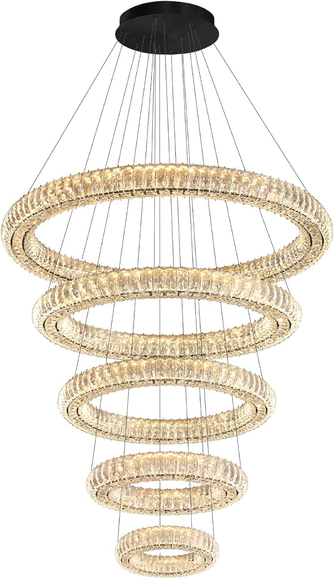 Modern Crystal Chandelier Lighting, Black 5 Ring Chandeliers LED Ceiling Lights Fixtures High Ceiling Chandeliers for Staircase, D8''+15.7"+23.6"+31.5"+39.4"