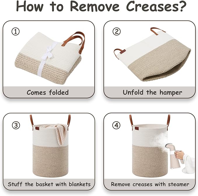 VIPOSCO Tall Laundry Basket, Large Dirty Clothes Hamper with Leather Handle, Woven Rope Storage Basket for Blanket, Toy In Living Room, Bathroom, Bedroom - 58L White & Brown