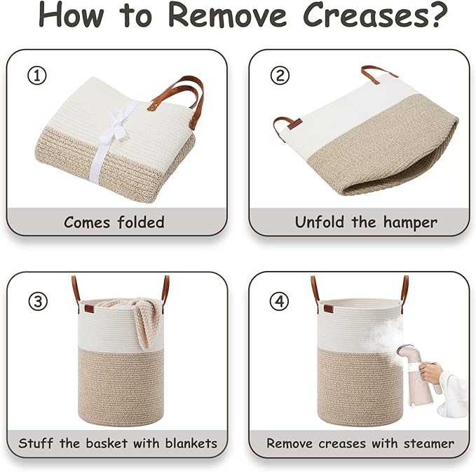 VIPOSCO Tall Laundry Basket, Large Dirty Clothes Hamper with Leather Handle, Woven Rope Storage Basket for Blanket, Toy In Living Room, Bathroom, Bedroom - 72L White & Brown