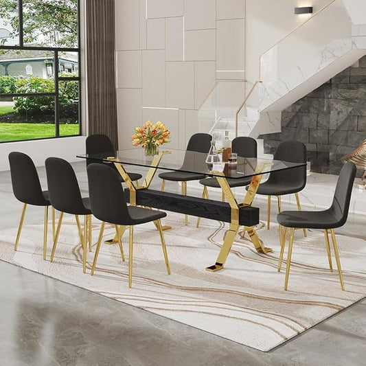 71'' Glass Dining Table Set for 8,9 Piece Dining Table Set with Open‑Frame X‑Shaped Golden Metal Base,Gold Kitchen Table and Chairs Ideal for Dining Room&Home Office