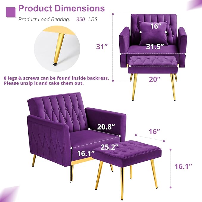 Velvet Accent Chair with Adjustable Armrests and Backrest, Button Tufted Lounge Chair, Single Recliner Armchair with Ottoman and Pillow for Living Room, Bedroom, Purpel