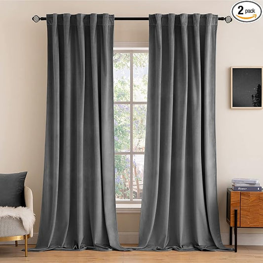 MIULEE Grey Velvet Curtains 108 inches Long 2 Panels - Luxury Blackout Curtains for Bedroom Living Room Thermal Insulated Fall Decor Super Soft Window Drapes Rod Pocket & Back Tab