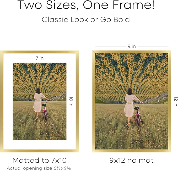 Homeforia 9x12 Gold Frame, High End Metal 9 x 12 Picture Frames with Mat 7 by 10 inch Photo, 9by12 Thin Poster Frame Matted to 7x10 Art, 12x9 Wall or Tabletop Frame, Tempered Glass, Wall Kit, Set of 2