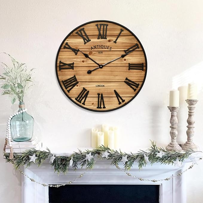 24 Inch Farmhouse Wall Clock - Antique Rustic Wood Finish, Silent Battery-Operated Timepiece with Stylish Decor for Home, Office, Kitchen, Bedroom & Living Room