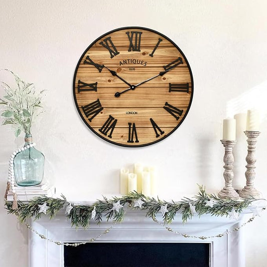 24 Inch Farmhouse Wall Clock - Antique Rustic Wood Finish, Silent Battery-Operated Timepiece with Stylish Decor for Home, Office, Kitchen, Bedroom & Living Room