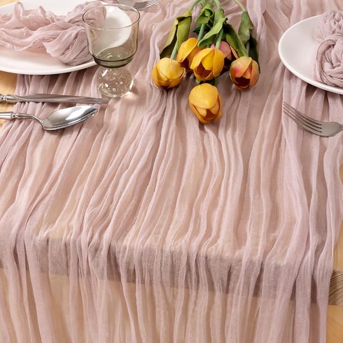 MLMC 8 Pack Pink Table Runner Boho Dusty Pink Cheesecloth Table Runner 10ft Gauze Cheese Cloth Fall Decor 35x120 Inches for Wedding Bridal Baby Shower Birthday Party Decor