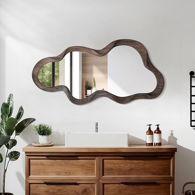 Large Asymmetrical Mirrors for Wall Wood Frame Irregular Mirror Unique Cloud Wavy Mirror Modern Living Room Bedroom Vanity Entryway Hallway Decorative Artistic Wall Mirror