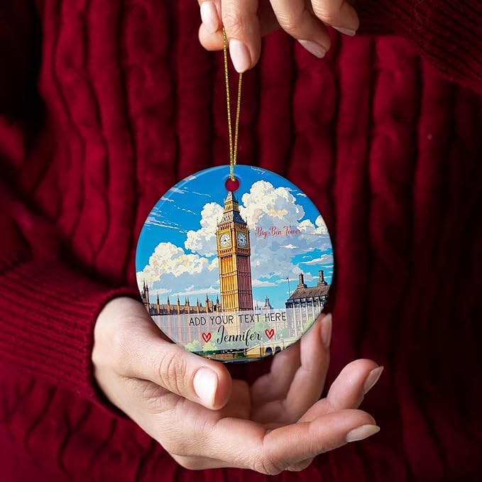 Personalized Text/Name Big Ben Tower Christmas Ceramic Ornament 2025, United Kingdom London Tower Landmark Xmas Ornaments Gift for Traveller Men Women, Custom Big Ben Travel Souvenir Xmas Tree Decor