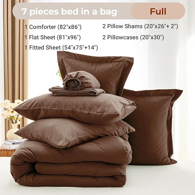 MUXHOMO 7 Pieces Full Comforter Set, Soft Bed in a Bag Full Size, All Season Bedding Set with Comforter, Flat Sheet, Fitted Sheet, Pillowcases & Shams, Brown