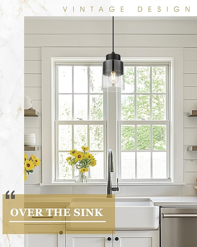 2-Pack Pendant Lights Kitchen Island, Dual Shade Hanging Lights Fixtures with Metal and Clear Glass, Modern Matte Black Kitchen Pendant Lighting Over Island for Dining Room, AD-24022-1P2-BK