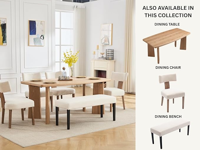 Wooden Dining Table Set of 4, Farmhouse Rectangular Dining Room Table with 4 Upholstered Beige Dining Room Chairs, Natural Frame, Modern Natural Kitchen Table and Linen Chairs Set for Home