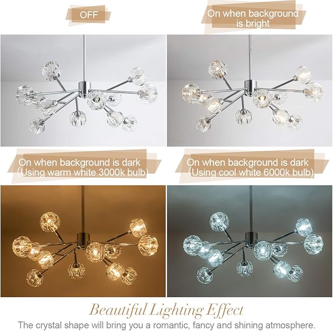 Sputnik Chandeliers for Dining Room Light Fixture Over Table, Modern Crystal Chandeliers, 12 Lights Chrome Lighting Fixtures for Living Room Bedroom Kitchen Island Bar