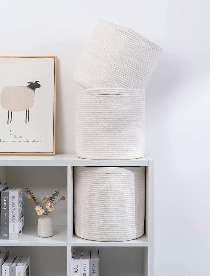 voten Storage Cubes Bins Organizer 11x11x11'' Fit 12x12''Cube Storage Bookcases Shelves,Durable Woven Cotton Basket for Organizing,Round 3Pack Off White