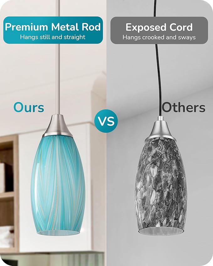 EDISHINE Pendant Lights Kitchen Island, Blue Handcrafted Art Glass Hanging Light, Blown Glass Pendant Light Fixtures Teal with Gold, Adjustable Brushed Nickel Rods, Hardwired Over Island Bar E26