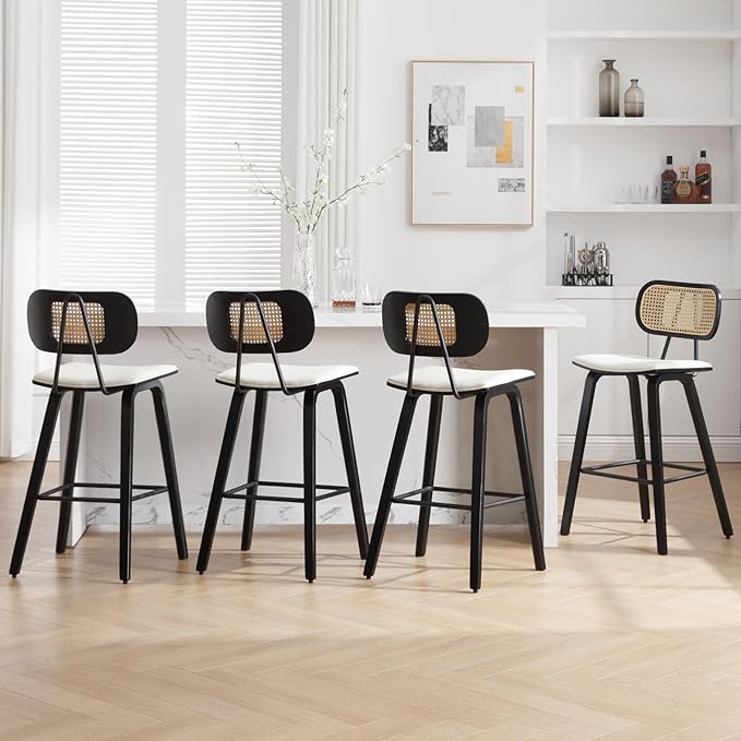 Counter Height Bar Stools Set of 4, 26" PU Leather Upholstered Rattan Barstools, Mid Century Modern Bar Chairs with Black Wood Legs, Armless Walnut Kitchen Island Dining Bar Chair, White