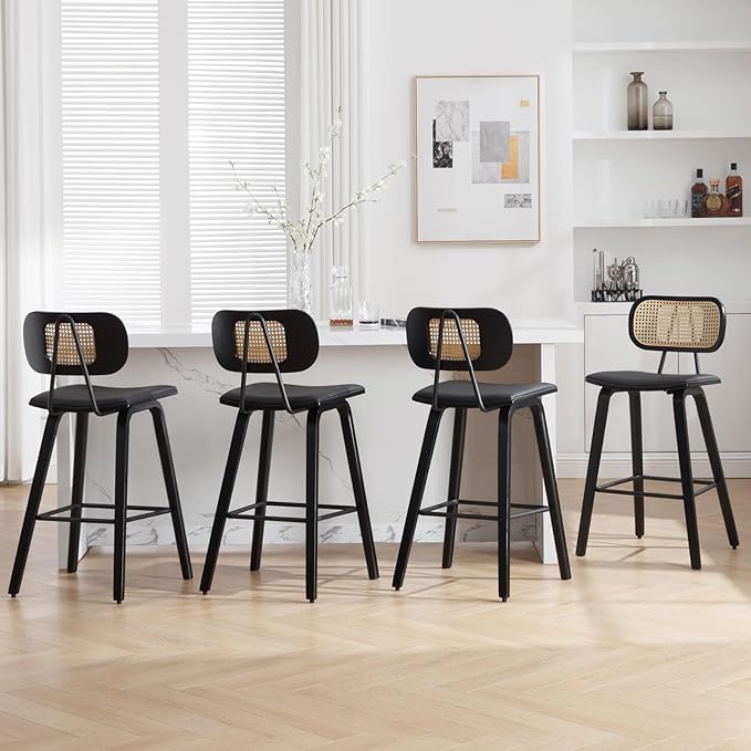 Counter Height Bar Stools Set of 4, 26" PU Leather Upholstered Rattan Barstools, Mid Century Modern Bar Chairs with Black Wood Legs, Armless Walnut Kitchen Island Dining Bar Chair, Black