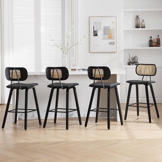 Counter Height Bar Stools Set of 4, 26" PU Leather Upholstered Rattan Barstools, Mid Century Modern Bar Chairs with Black Wood Legs, Armless Walnut Kitchen Island Dining Bar Chair, Black