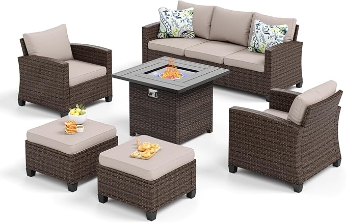 Patio Furniture Set Outdoor Furniture Brown Wicker Rattan Patio Conversation Sets with Cushion Outside Sofa Set,5 Pieces with Firepit Table,7 Seats,Beige