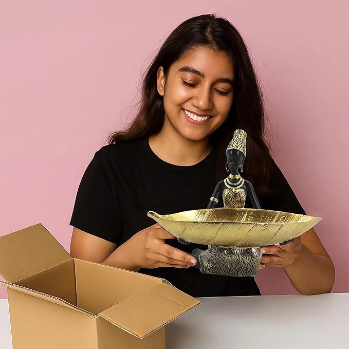 African Sitting Woman Leaf Bowl Statue – Tribal Resin Figurine for Candy Dish, Key Holder, Vanity Tray, African Decor Gift