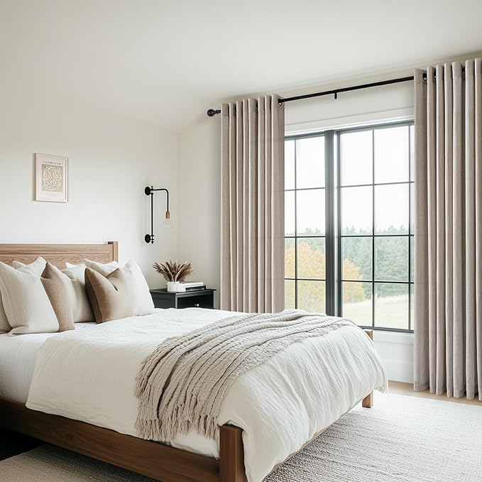 92 Inches Linen Sheer Curtains for Living Dining Room Bedroom Grey Beige Thick Linen Pleat Drapes with Grommet Light Filtering Boho Farmhouse Semi Sheer Curtain 92 inch Length 52" x 92"