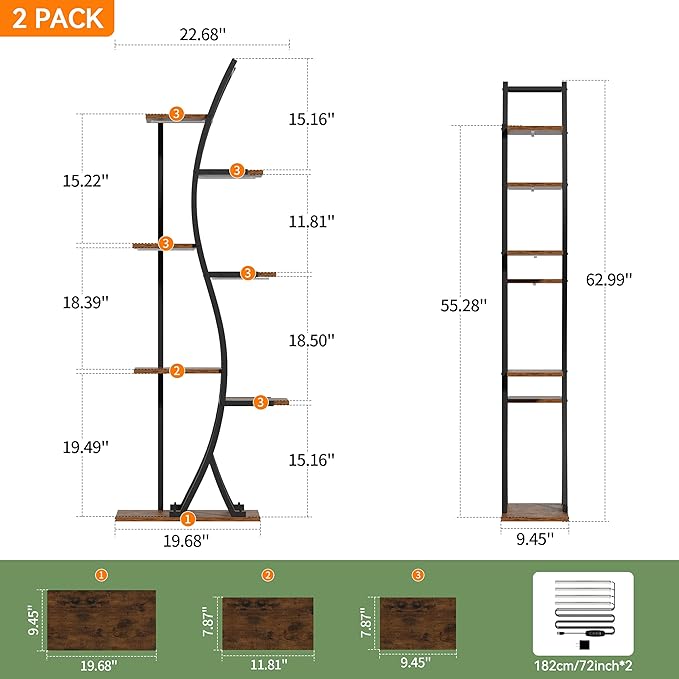 Tall Plant Stand Indoor with Grow Light, 62" 7 Tiered Plant Shelf Holder, Metal Large Corner Shelves Display Rack Flower Stand for Living room, Patio, 2 Pack