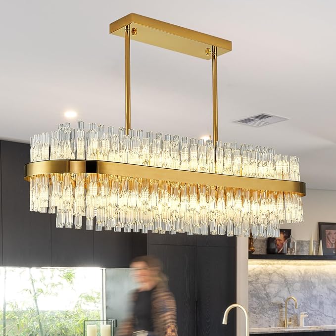 Siljoy Modern Crystal Chandelier 20 Lights Gold Rectangle 2 Tiers Raindrop Chandelier Luxury Adjustable Flush Mount Oval Pendant Ceiling Light Fixture for Dining Living Room Kitchen Island L40 Inch