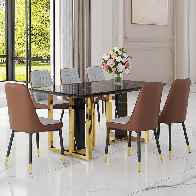 TesNus 63" Black Dining Table Set for 6 with Chairs,Modern Faux Marble Rectangular Kitchen Table and Chairs Set Luxury 7 Piece Dining Room Set with Gold Metal Legs,Easy Assemble,Stable Base