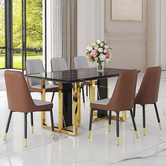 TesNus 63" Black Dining Table Set for 6 with Chairs,Modern Faux Marble Rectangular Kitchen Table and Chairs Set Luxury 7 Piece Dining Room Set with Gold Metal Legs,Easy Assemble,Stable Base