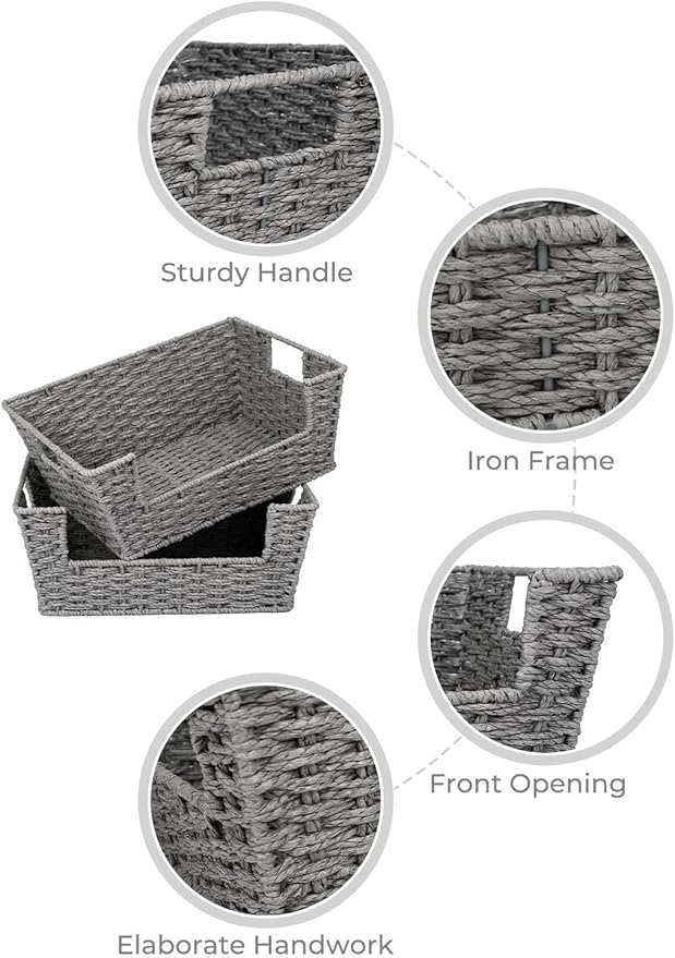 StorageWorks Round Paper Rope Woven Basket for Pantry Organizers and Storage, Stackable Wicker Pantry Baskets for Shelves, Grey, 2-Pack