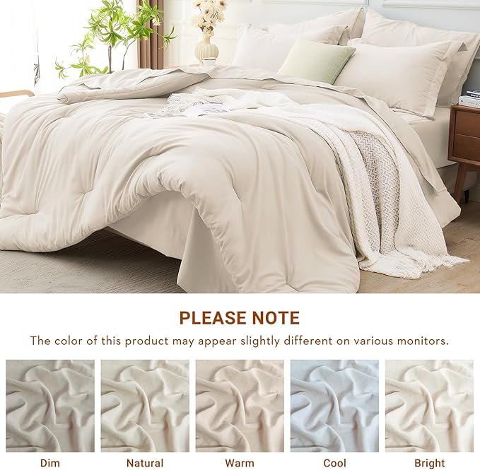 MUXHOMO 5 Pieces Twin Comforter Set, Soft Bed in a Bag Twin Size, All Season Bedding Set with Comforter, Flat Sheet, Fitted Sheet, Pillowcases & Shams, Beige