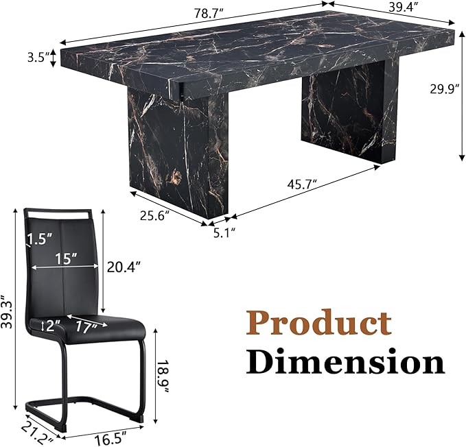 79" Marble Dining Table Set｜Modern Dining Table Set with 8 Faux Leather Chairs｜Engineered Wood with Marble Pattern Tabletop｜Widened and Stable Tablelegs｜Easy Assembly