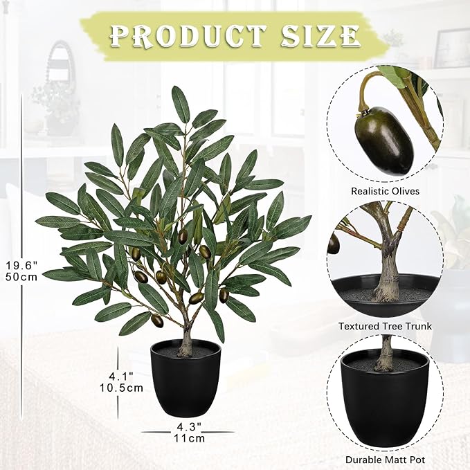Briful Small Olive Trees Artificial Decor 19.6in Fake Olive Plant with Black Pot Decorative Olive Tree for Home Office Countertop Kitchen Table Farmhouse Decor