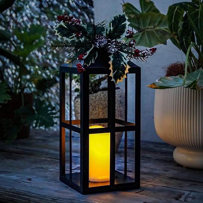 Bdor 2 Pack Christmas Lantern Decoration with LED Flameless Candle, Pinecones & Holly Berries, Holiday Tabletop or Porch Decor, Battery Operated Christmas Lighting