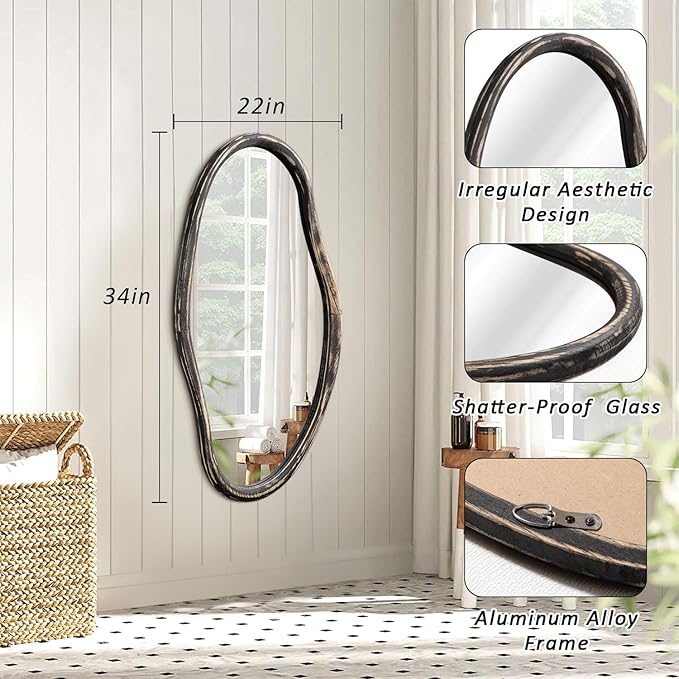 JJUUYOU Irregular Mirror Asymmetrical Wall Mirror 34"x22" Modern Hanging Mirrors for Bathroom Bedroom Living Room Hallway Large Wall Mounted Makeup Dressing Mirrors Rustic Black