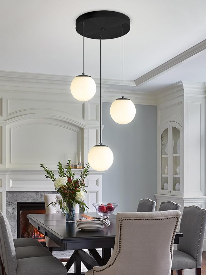 3-Lights Globe Glass Pendant Light Modern White Globe Glass Chandelier Mid Century Chandelier Black Hanging Fixture for Kitchen Island Foyer Hallway Dining Room