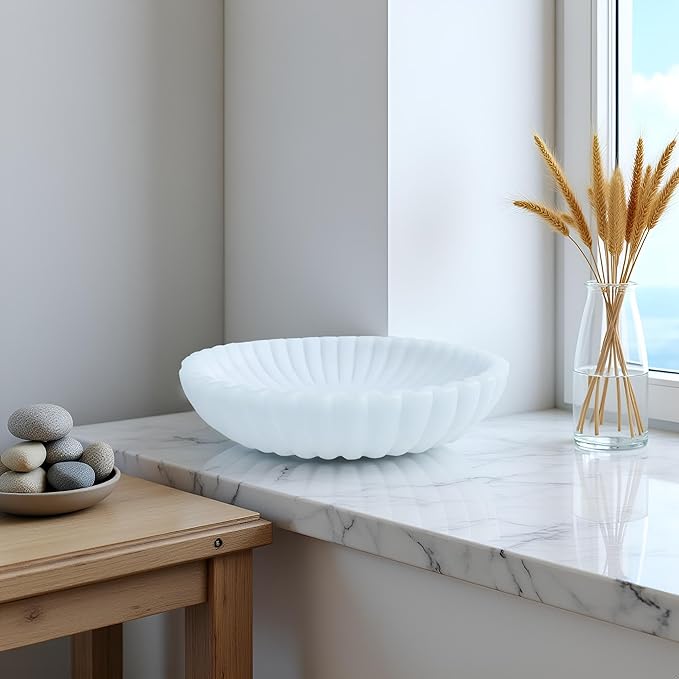 15" Large Decorative Bowl decor , Scalloped Decorative Bowls for Modern Home Decor,Ruffle Decor,Stylish Key Bowl for Entry Table,Decorative Fruit Bowl for Kitchen Counter,Artificial Stone Milky white