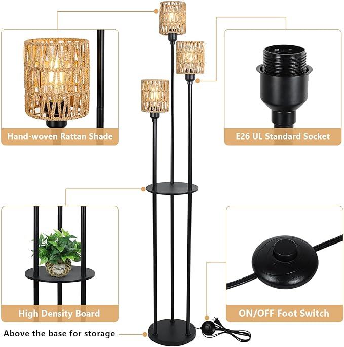 Boho Floor Lamp with Shelves, 3-Lights Farmhouse Tall Floor Lamp with ON/Off Foot Switch, Rustic Standing Lamp with Rattan Shades for Living Room Bedroom Office