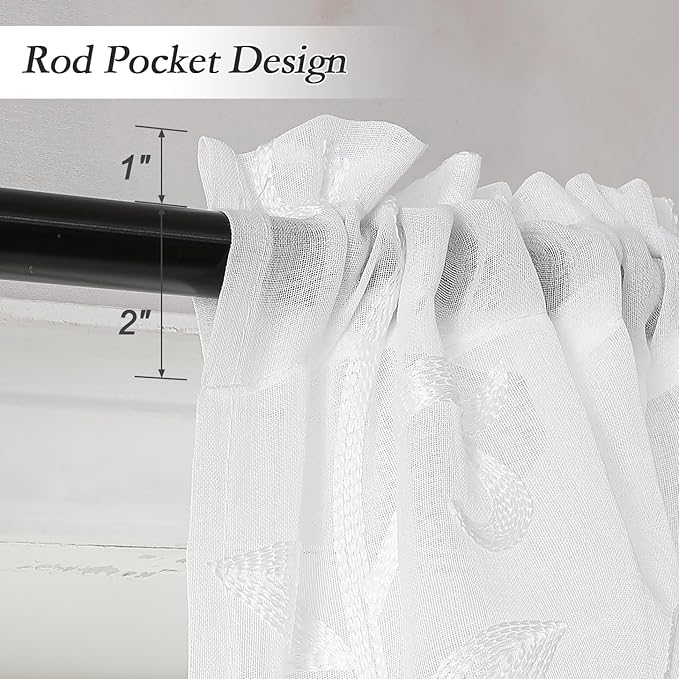 VISIONTEX White Sheer Voile Curtains, Decorative Leaves Embroidery Faux Linen Rod Pocket Window Drapes for Home Kitchen, Living Room and Bedroom 26 x 36 Inch, Set of 2 Curtain Panels