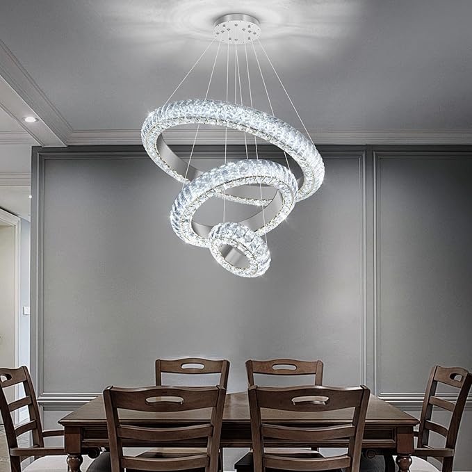 23.6" 3 Ring Crystal Chandelier Modern LED Dimmable Ring Pendant Light Round Chandelier for Dining Room Living Room Silver