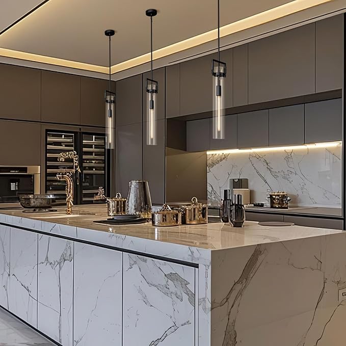 Modern Large Black Pendant Light Fixture Set of 3-21.6 Inch Adjustable Hanging Chandelier with Glass Shade & Brass Finish, Large Farmhouse Island Lighting for Kitchen, Dining Room, Bathroom