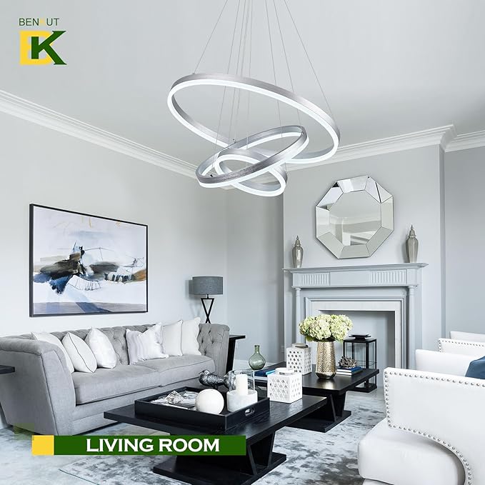 3-Rings D23.6 Modern LED Chandelier Silver Dimmable Pendant Lighting with Remote Control Circular Flush Mount High Ceiling Light for Dining Room Living Room Bedroom Entrance Foyer, 3000K-6500K
