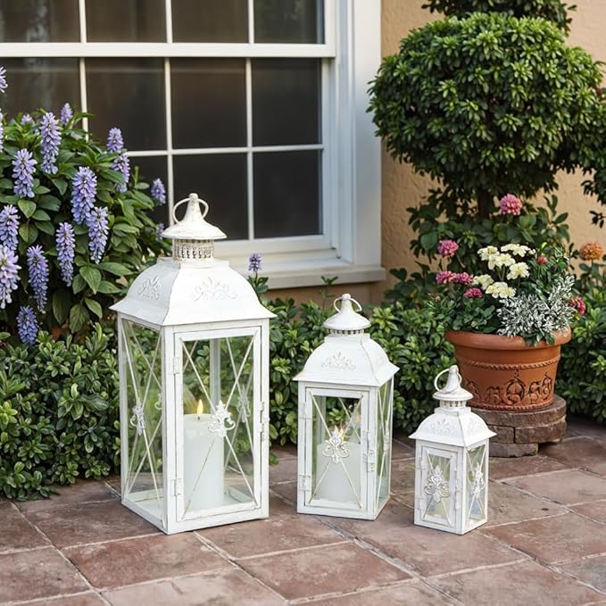 TRIROCKS 3-Pack Decorative Lanterns - 19" Vintage Metal Candle Holders with Tempered Glass - Perfect for Christmas, Living Room, Garden, Patio, Indoor & Outdoor Events (White with Gold Brush Finish)