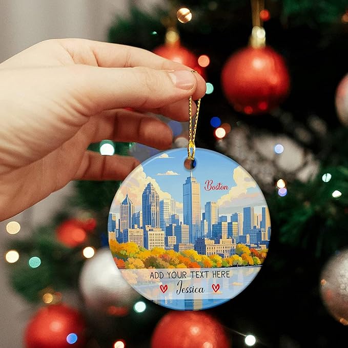 Personalized Massachusetts USA Travel Souvenir Ornament, Custom Text/Name Boston Skyline Ceramic Christmas Tree Ornament 2025, Boston Vacation Trip Xmas Keepsake Ornaments Gifts for Family Friends