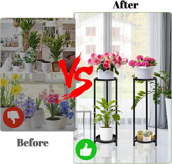 2 Tier Round Tall Metal Plant Stand indoor outdoor, Rustproof Round Planter Display Storage Rack, Heavy Duty Potted Holder for Home Garden Patio Bathroom Living Room(Black)