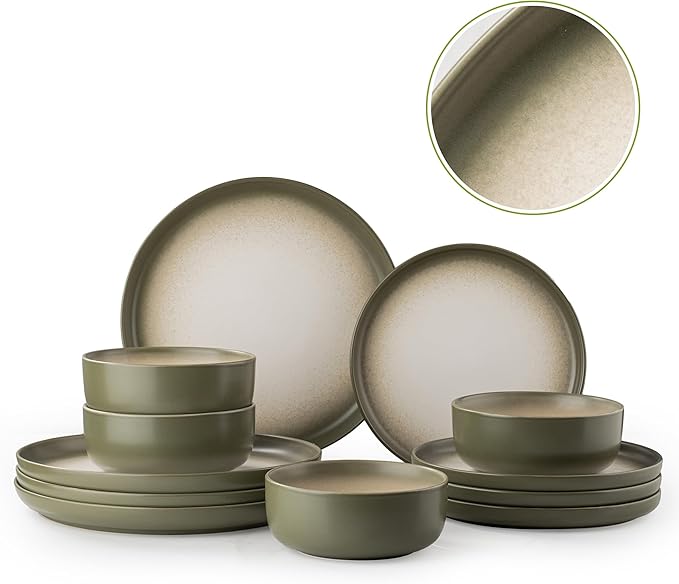12 PCS Stoneware Dinnerware Sets, Plates and Bowls Set for 4, Reactive Glaze Dishes Set for Kitchen Dinning, Microwave & Dishwasher Safe, Lichen Green