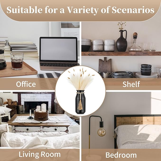 Sziqiqi Black Decorative Flower Vase - 9in Boho Vase with Bead Strings for Pampas Grass Vintage Metal Vases for Table Home Decor Matte Cylinder Vase for Artificial Flowers Rose Twigs