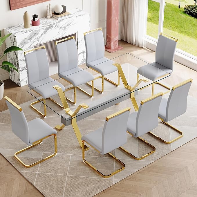 9 Piece Glass Dining Table Set, Kitchen Table Chairs Set for 8, 71'' Dining Table with 0.4" Tempered Glass Tabletop with Plated Metal Legs and MDF Crossbar, 8 PU Chairs for Dining Room, Kitchen.